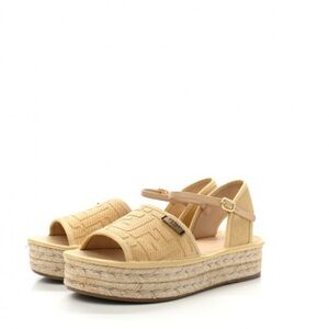 Fendi Raffia FF Embroidered Espadrille Platform Sandals Natural Yellow
